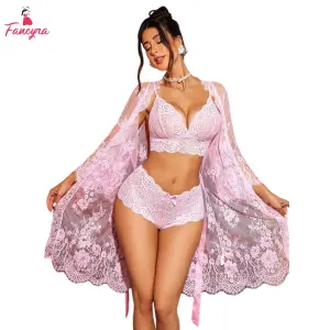 Fancyra Women Pink Lace Lingerie Set with Lace Kimono Robe Nightwear Babydoll Mesh Nightgown