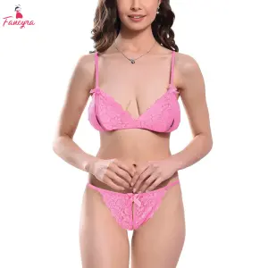Fancyra Women Pink Net Lace Floral Non Padded Lingerie Bra Panty Set