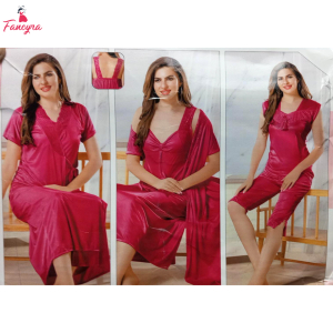 Fancyra Women Pink Satin 3 Piece Comfy Nightwear Combo - Long Outer Robe Nightgown & Pajama Set