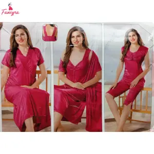 Fancyra Women Pink Satin 3 Piece Comfy Nightwear Combo - Long Outer Robe Nightgown & Pajama Set