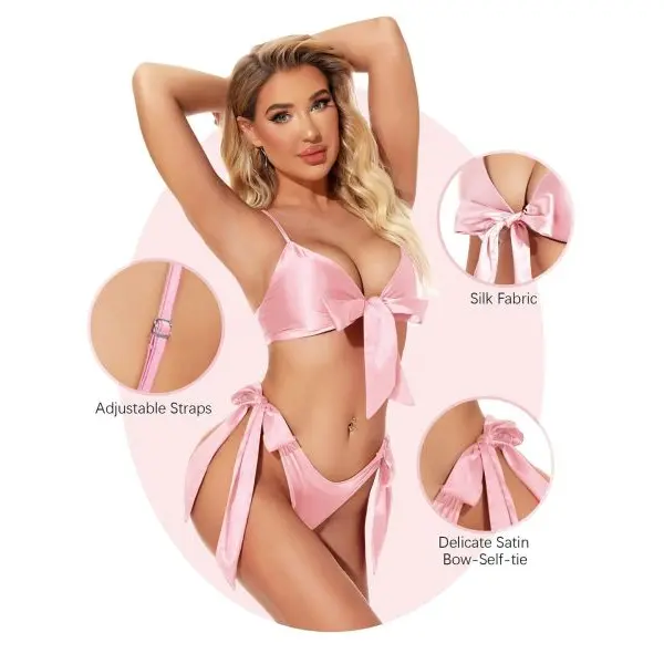 Fancyra Women Pink Satin Shoulder Strap Bow Tie Bikini Lingerie Set - Image 2