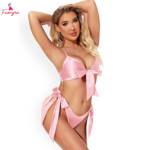 Fancyra Women Pink Satin Shoulder Strap Bow Tie Bikini Lingerie Set