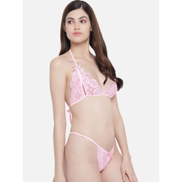 Fancyra Women Pink Solid Lace Lingerie Bra Panty Set - Image 4