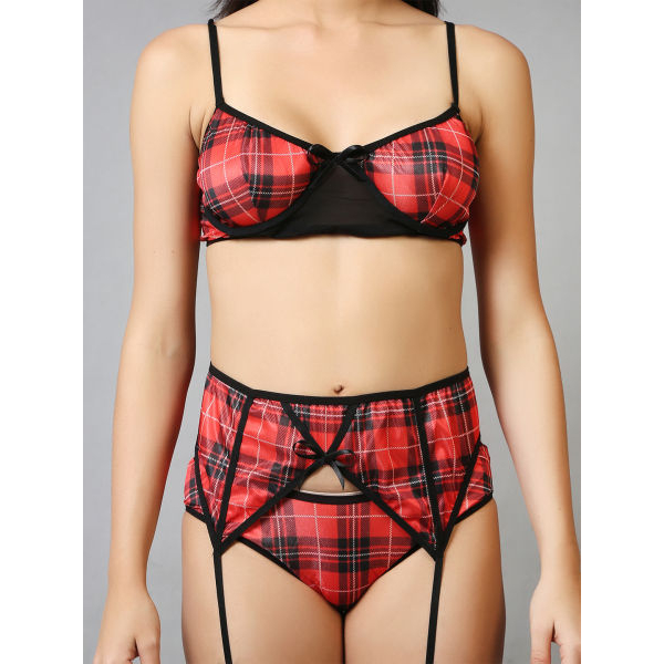 Fancyra Women Plaid Knit Lace Bra and Garter Belt Lingerie Set with Stocking - Image 3