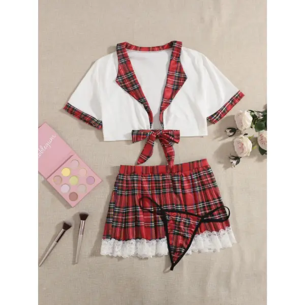 Fancyra Women Plaid Lace Trim Hot Schoolgirl Costume Set Lingerie - Image 2