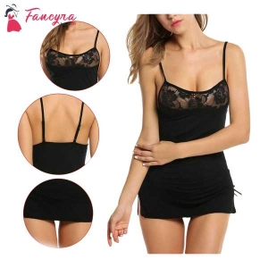 Fancyra Women Plain Lingerie Above Knee Babydoll with G String Panty Free Size Black Color