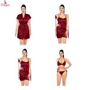 Fancyra Women Plain Satin Set of 6 Pieces Nightwear Nighty Set