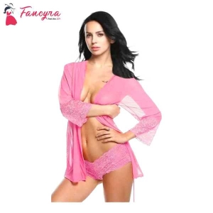 Fancyra Women Polyester And Spandex Solid Above Knee Baby Doll With Panty And Robe Free Size Pink Color