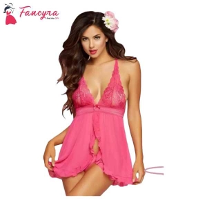 Fancyra Women Polyester Nightwear Babydoll Dress With G String Panty Free Size Pink Color