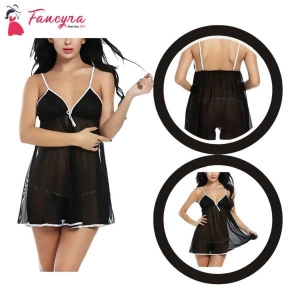 Fancyra Women Polyester & Spandex Above Knee Babydoll With G String Panty Free Size Black Color