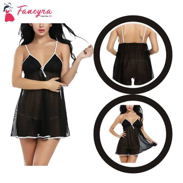 Fancyra Women Polyester & Spandex Above Knee Babydoll With G String Panty Free Size Black Color