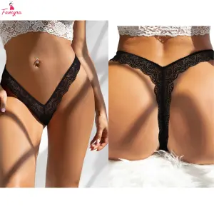 Fancyra Women Premium Black Lace Thong Low Rise V-Shape Panty