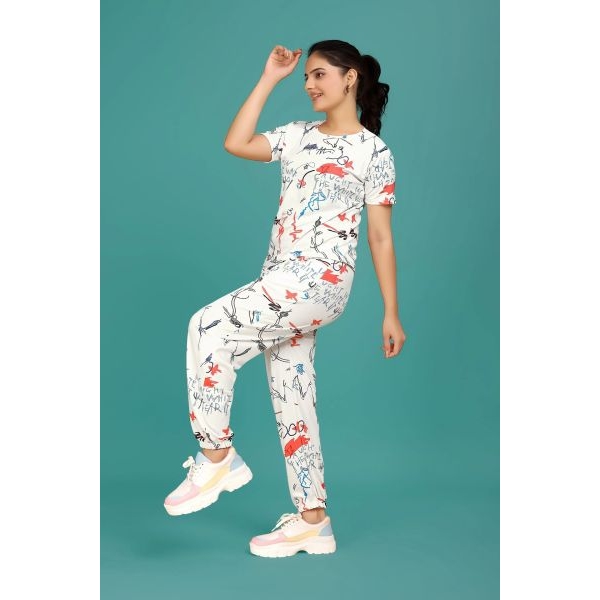 Fancyra Women Printed Round Neck Top With Joggers Pajama Set - Image 3