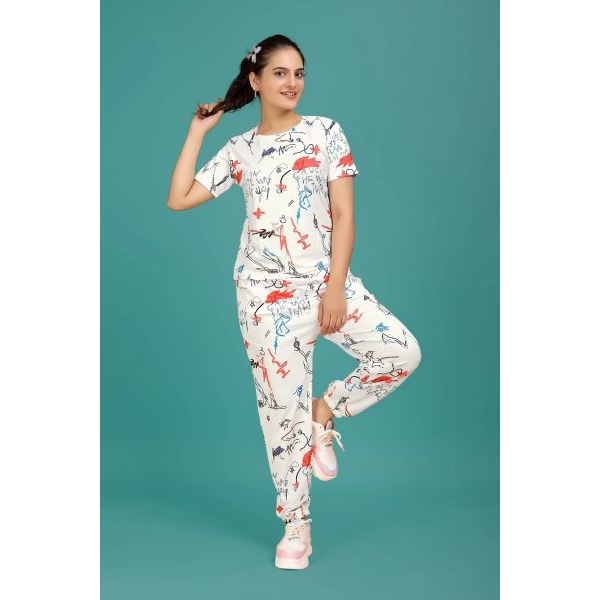 Fancyra Women Printed Round Neck Top With Joggers Pajama Set - Image 4