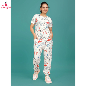 Fancyra Women Printed Round Neck Top With Joggers Pajama Set