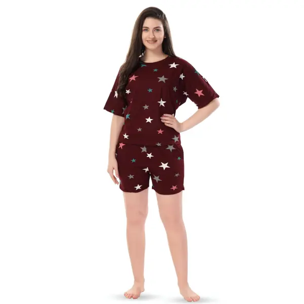 Fancyra Women Printed Short Sleeves Elegant Pajama Nightwear Set - Image 2