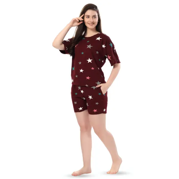 Fancyra Women Printed Short Sleeves Elegant Pajama Nightwear Set - Image 5