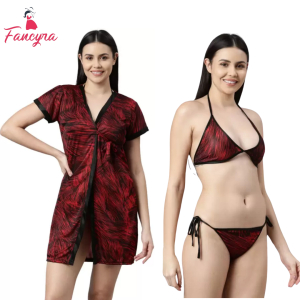 Fancyra Women Printed Sleepwear Nightwear Nighty with Robe Swimwear Bikini Set