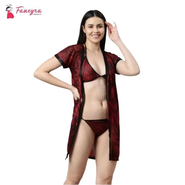 Fancyra Women Printed Sleepwear Nightwear Nighty with Robe Swimwear Bikini Set Free Size - Image 2