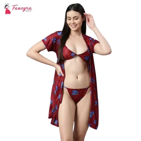 Fancyra Women Printed Sleepwear Nightwear Nighty with Robe Swimwear Bikini Set Free Size - Image 3