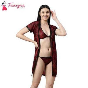 Fancyra Women Printed Sleepwear Nightwear Nighty with Robe Swimwear Bikini Set Free Size