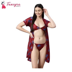 Fancyra Women Printed Sleepwear Nightwear Nighty with Robe Swimwear Bikini Set Free Size