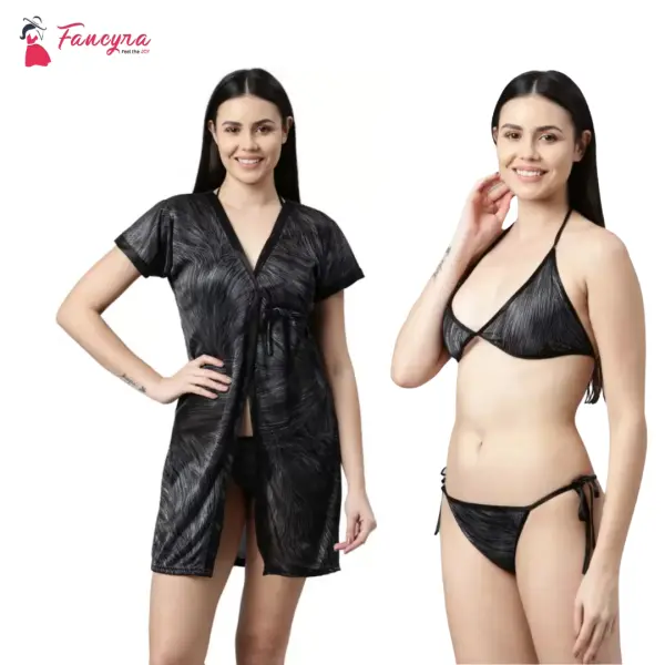 Fancyra Women Printed Sleepwear Nightwear Nighty With Robe Swimwear Bikini Set Free Size