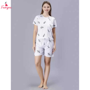 Fancyra Women Printed White Top and Shorts Pajama Set