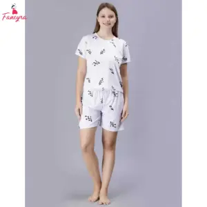 Fancyra Women Printed White Top and Shorts Pajama Set