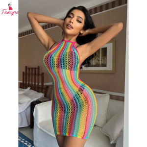 Fancyra Women Rainbow Fishnet Bodystocking Lingerie Dress for Women
