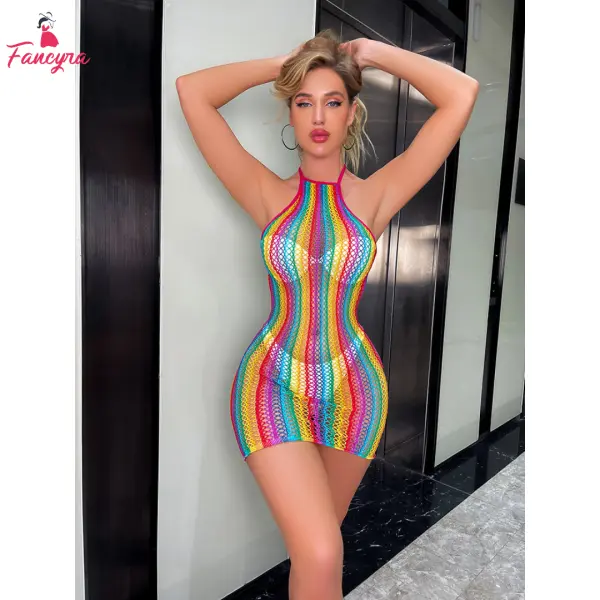 Fancyra Women Rainbow Mesh Halter Bodysuit Stocking Lingerie Dress - Image 2