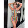 Fancyra Women Rainbow Mesh Halter Bodysuit Stocking Lingerie Dress