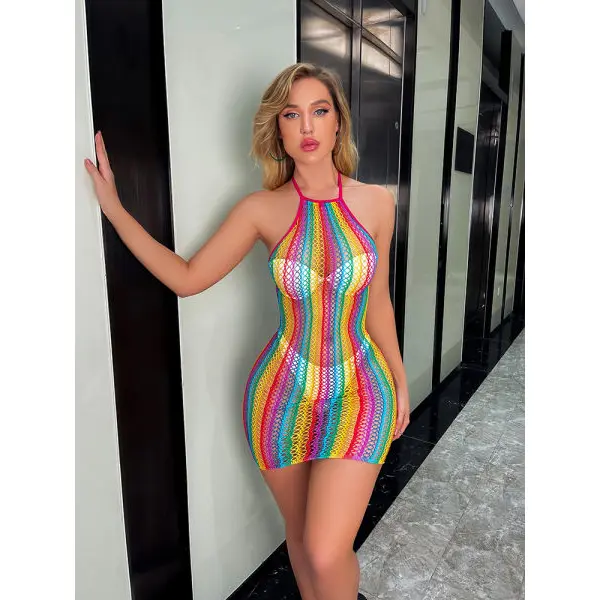 Fancyra Women Rainbow Mesh Halter Bodysuit Stocking Lingerie Dress - Image 3