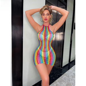 Fancyra Women Rainbow Mesh Halter Bodysuit Stocking Lingerie Dress