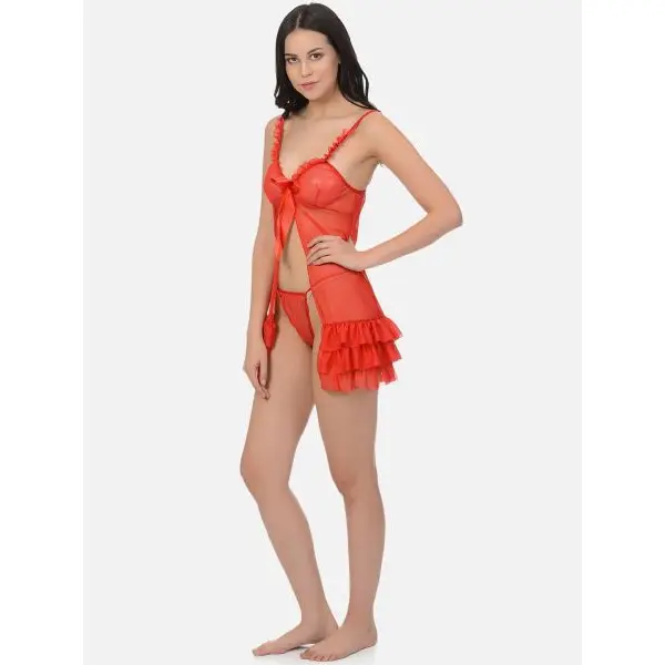 Fancyra Women Red Blended Solid Above Knee Babydoll Nightwear Lingerie - Image 2