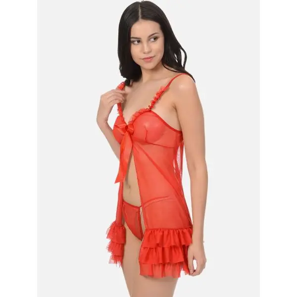 Fancyra Women Red Blended Solid Above Knee Babydoll Nightwear Lingerie - Image 4
