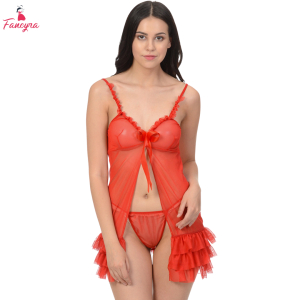 Fancyra Women Red Blended Solid Above Knee Babydoll Nightwear Lingerie