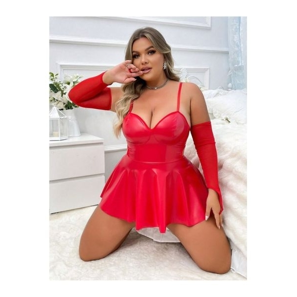 Fancyra Women Red Corset Style Elegant Babydoll Lingerie Mini Dress with Arm Sleeves and Thong - Image 2