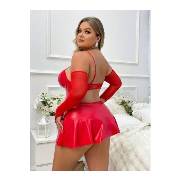 Fancyra Women Red Corset Style Elegant Babydoll Lingerie Mini Dress with Arm Sleeves and Thong - Image 3