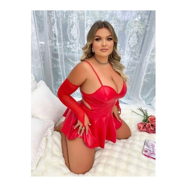 Fancyra Women Red Corset Style Elegant Babydoll Lingerie Mini Dress with Arm Sleeves and Thong - Image 4