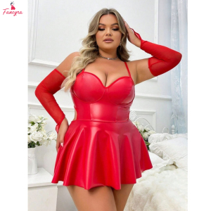 Fancyra Women Red Corset Style Elegant Babydoll Lingerie Mini Dress with Arm Sleeves and Thong