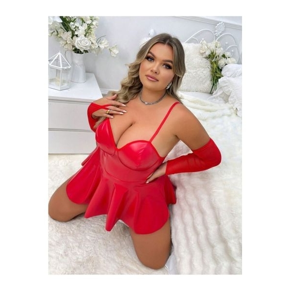 Fancyra Women Red Corset Style Elegant Babydoll Lingerie Mini Dress with Arm Sleeves and Thong - Image 5