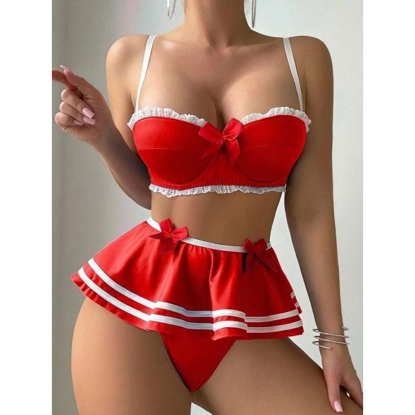 Fancyra Women Red Cosplay Crop Top & Mini Skirt Lingerie Set - Image 4