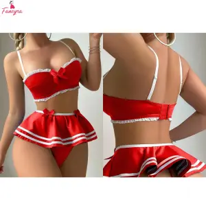 Fancyra Women Red Cosplay Crop Top & Mini Skirt Lingerie Set