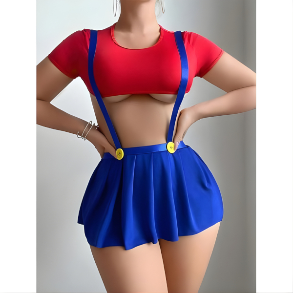 Fancyra Women Red Crop Top & Blue Suspender Skirt Cosplay Babydoll Lingerie - Image 2
