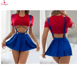 Fancyra Women Red Crop Top & Blue Suspender Skirt Cosplay Babydoll Lingerie