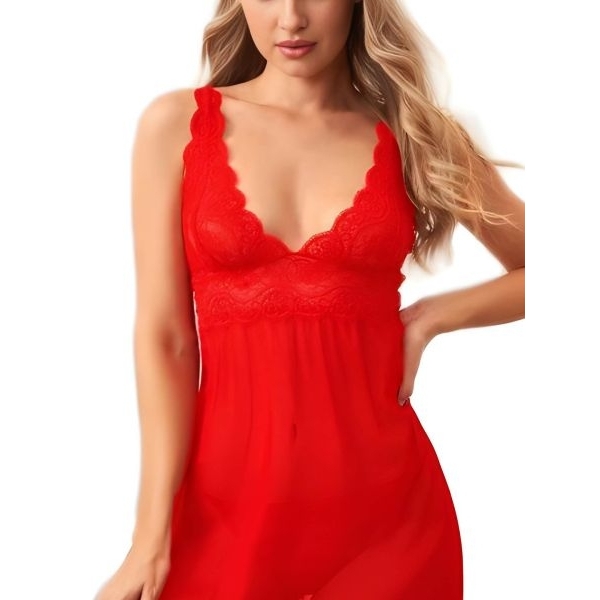 Fancyra Women Red Floral Lace See Through Hot Babydoll Lingerie Nighty - Image 4