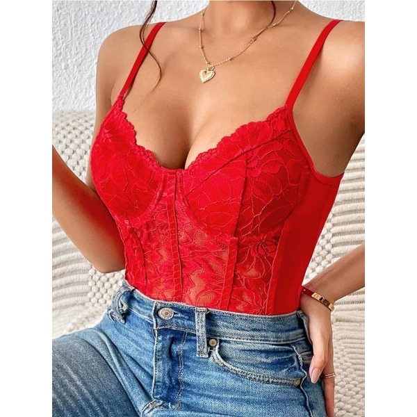 Fancyra Women Red Floral Lace Sheer Mesh Corset Top Bodysuit Lingerie - Image 2
