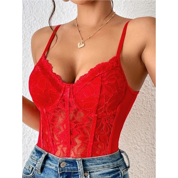 Fancyra Women Red Floral Lace Sheer Mesh Corset Top Bodysuit Lingerie - Image 3