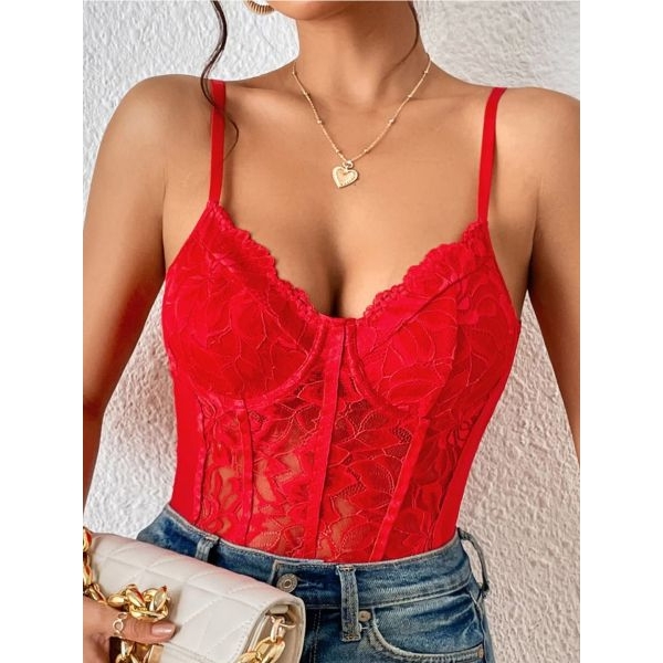 Fancyra Women Red Floral Lace Sheer Mesh Corset Top Bodysuit Lingerie - Image 4